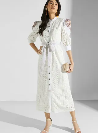 Button Detail Broidered Belted Dress