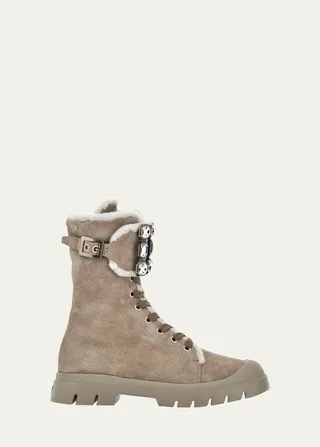 Suede Shearling Crystal-Cuff Combat Boots