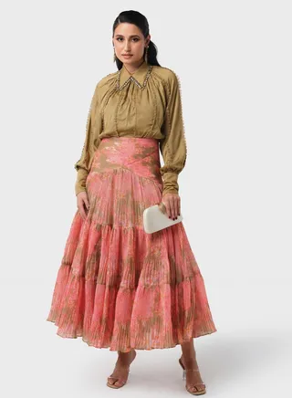 Embellished Collar Printed Semi Pleated Dress