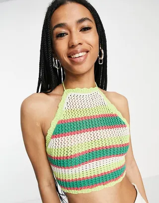 Bershka tie up racer crochet top in green stripe