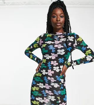 COLLUSION daisy print ruched long sleeve mesh dress in multi