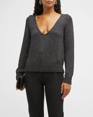 Open Neck Metallic Knit Top