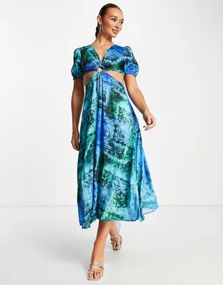 Topshop ring detail maxi cut out dress in blue