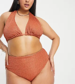 ASOS DESIGN Curve mix and match high waist bikini bottom in rust glitter