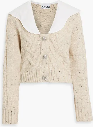 Crystal-embellished poplin-paneled cable-knit cardigan