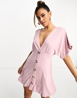 ASOS DESIGN flutter sleeve mini tea dress with buttons in rose pink