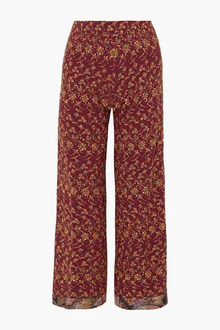 Cropped jacquard-trimmed embroidered crepe wide-leg pants