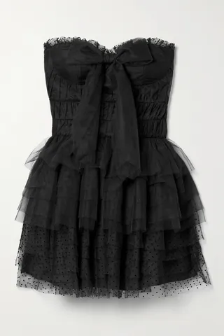 LoveShackFancy - Faron Bow-detailed Tiered Flocked Tulle Mini Dress - Black
