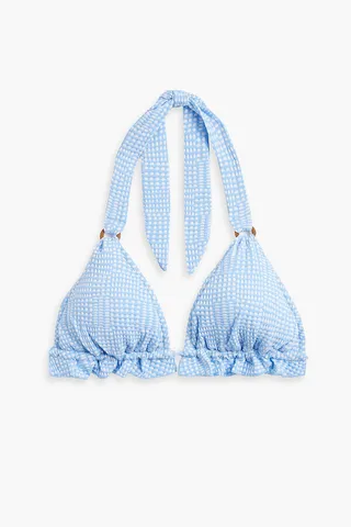 Ruffle-trimmed polka-dot triangle bikini top