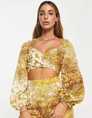 ASOS DESIGN long sleeve wrap top in paisley floral - part of a set
