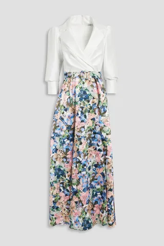 Belted paneled printed faille gown