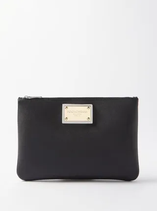 Logo-plaque Grained-leather Pouch
