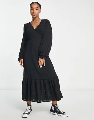 New Look wrap midi dress in black check