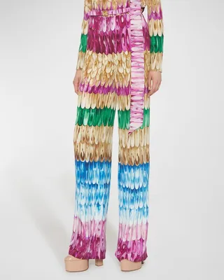 Golden Wings-Print Wide-Leg Crepe De Chine Pants
