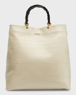 Croc-Embossed Leather & Bamboo Tote Bag