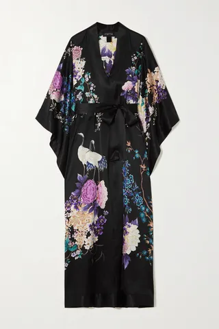 MENG - Belted Printed Silk-satin Robe - Black