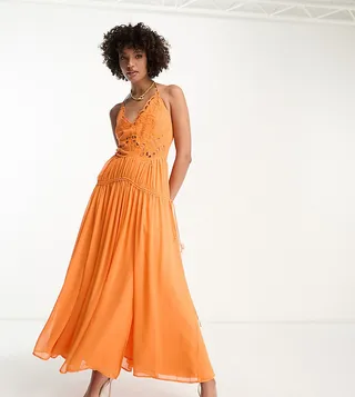 ASOS DESIGN Tall cutwork maxi slip dress with drawstring waist in orange