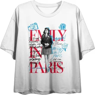 Emily in Paris Sketch Art With Emily and Title Logo Women's White Double Sided Crop Tee-XS