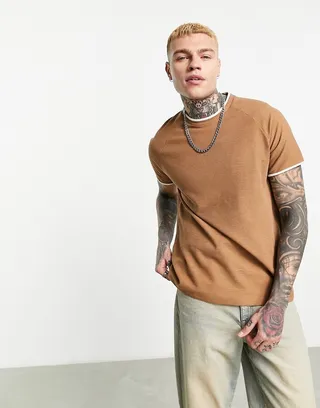 ASOS DESIGN relaxed rib t-shirt with contrast neckline in tan