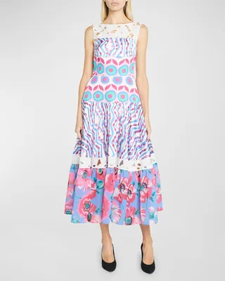 Mixed-Print Broderie Anglaise-Inset Midi Dress