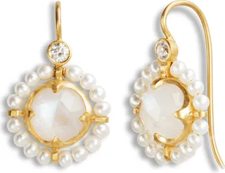 Rainbow Moonstone and Akoya Pearl Orbit Yellow Gold Earrings