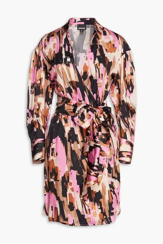Gathered printed satin mini wrap dress