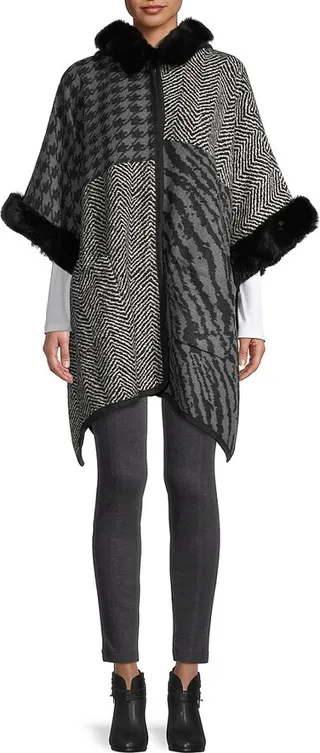 Faux Fur-Trim Patchwork Hooded Cape