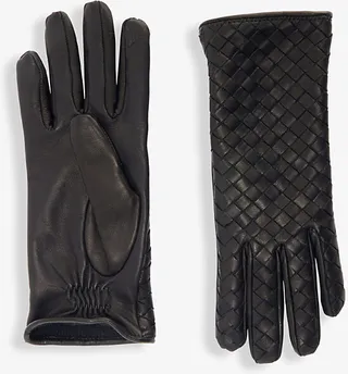 Womens Nero Intrecciato Woven-pattern Leather Gloves