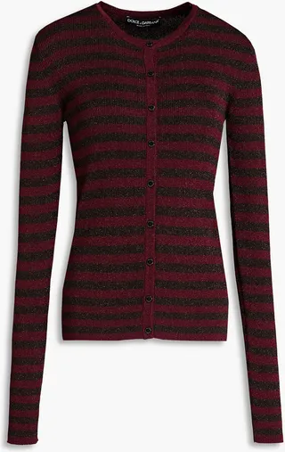 Striped metallic ribbed-knit cardigan