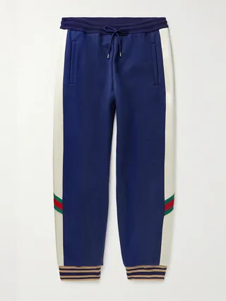 Tapered Logo-Appliquéd Wool-Jersey and Satin Track Pants