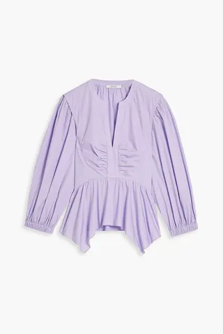 Asymmetric gathered cotton-sateen peplum blouse