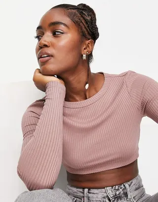 Miss Selfridge ribbed long sleeve crop top in taupe