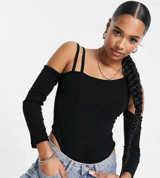 ASOS DESIGN PETITE asymmetric one shoulder bodysuit in black