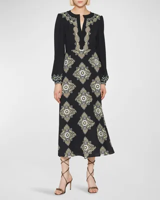 Geo-Print Long-Sleeve Cady Midi Dress