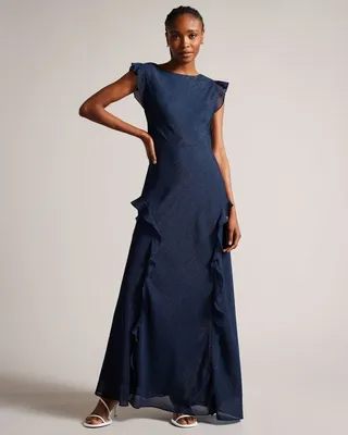 Bias Cut Maxi Dress With Ruffle Detail in Dark Blue