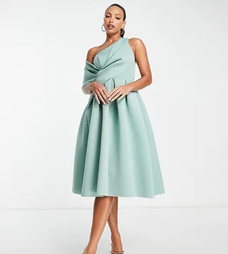 ASOS DESIGN Tall bare shoulder prom midi dress in frosted sage