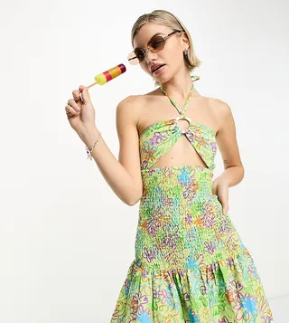 COLLUSION scribble floral shirred mini dress with halterneck in multi