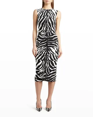 Zebra-Print Ruched Cady Midi Dress