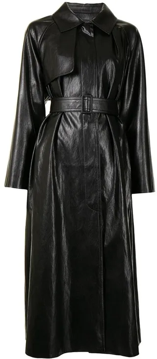 Faux-Leather Belted Trench Coat