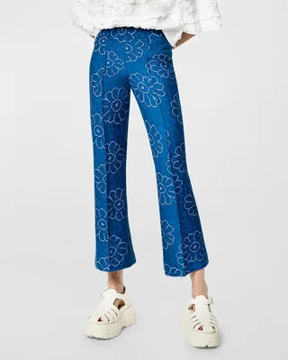 Floral Jacquard Cropped Flared-Leg Pants