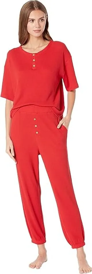 Eberjey Cozy Waffle - Henley Short Sleeve Long PJ Set (Haute Red) Women's Pajama Sets