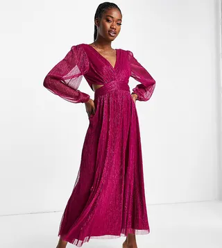 Ever New cut-out pleated metallic midaxi dress in hot pink