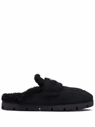 Logo-Plaque Shearling Slippers