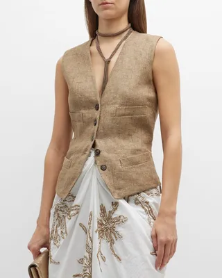 Monili-Trim Metallic Linen Twill Vest