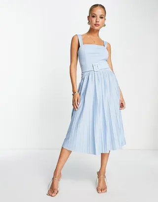 ASOS DESIGN square neck dropped waist belted pleated midi dress in powder blue