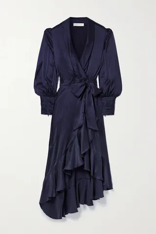 Zimmermann - Asymmetric Ruffled Silk-satin Midi Wrap Dress - Blue
