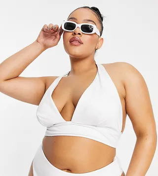 ASOS DESIGN Curve mix and match halter plunge bikini top in white