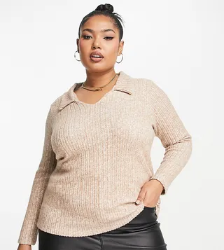 Simply Be collared long sleeve top in camel
