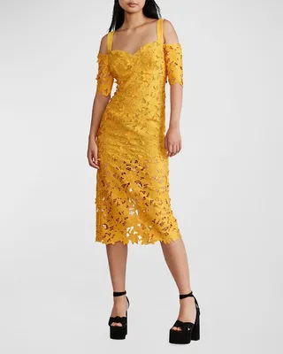 Guipure Lace Cold-Shoulder Midi Sheath Dress