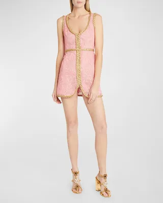 Braided-Trim Lace Mini Dress
